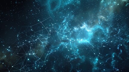 Abstract network patterns with star-like nodes on a deep space background, embodying the concept of cosmic connectivity and space exploration, tailored for space-themed backgrounds - obrazy, fototapety, plakaty