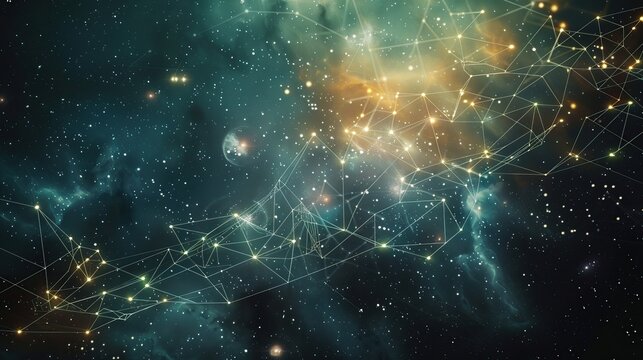 Illustration of cosmic connections with gold and blue hues, resembling a celestial map on a galactic scale, emphasizing the network of stars and space exploration, crafted for use in scientific