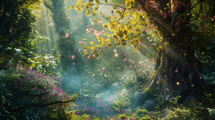 Enchanted forest path with vibrant flowers and trees, mystical atmosphere, ideal for fantasy and nature illustrations.