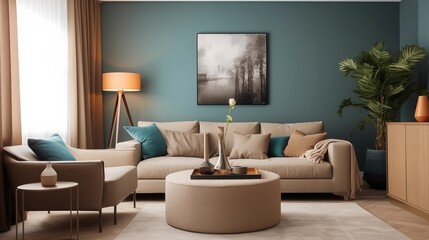 Taupe Walls with Teal and Beige Accents in the TV Lounge.