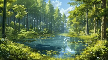 Idyllic mountain landscape with clear lake, greenery, and reflective water, suitable for travel, nature, and tranquility themes.