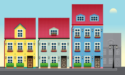 Vector of European style street and buildings. With day time background.