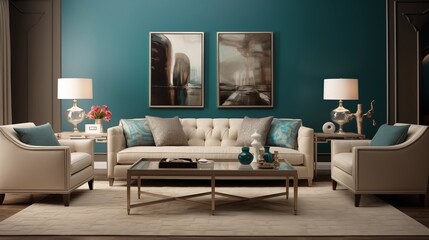 Taupe Walls with Teal and Beige Furnishings.