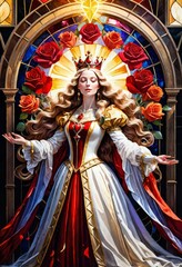 Fototapeta premium Illustration in stained glass style with girl angel in dress on background of sky and clouds, oval image in bright frame