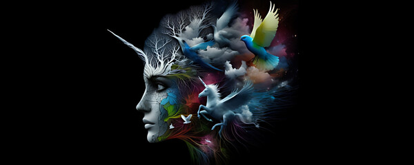 A Close up of a Woman with a bird on their head, dark fantasy background, unicorn flying in the sky ,Generative AI