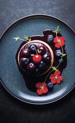 Cheesecake with blueberries and red fruits on a blue plate with red flowers.