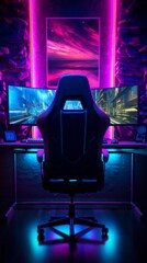 A dark Room of esports video games with a chair for a personal computer, a monitor, a keyboard in...