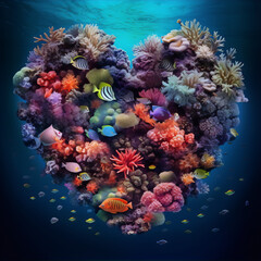 Underwater view of a coral reef shaped like a heart full of tropical fish.