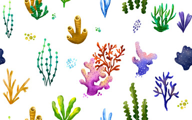 Seamless pattern with hand-drawn sea corals and algae. Underwater sea world. Flora of Oceania. Fabulous underwater world. Children's hand drawn illustration on isolated background. Textile