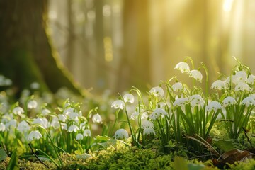 Sunlight streaming through trees illuminating snowdrops in a serene forest. The delicate white blooms, with their green spots, stand out against the forest floor's fresh, green moss.