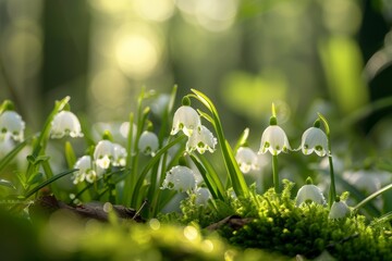 A gentle morning scene in a spring forest, with soft sunlight filtering through newly leafed trees, illuminating clusters of Leucojum vernum (Spring Snowflake) flowers.