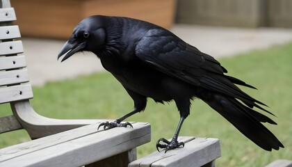 A Crow With Its Claws Scratching At A Wooden Bench - obrazy, fototapety, plakaty