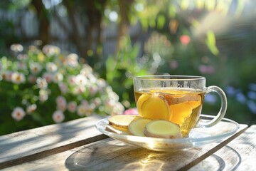 A glass cup of ginger tea on an outdoor table surrounded by a garden in bloom. Outdoor garden setting, natural sunlight, golden hue tea, vibrant green ginger, tranquil atmosphere.