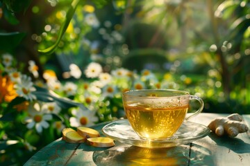 A glass cup of ginger tea on an outdoor table surrounded by a garden in bloom. Outdoor garden setting, natural sunlight, golden hue tea, vibrant green ginger, tranquil atmosphere.