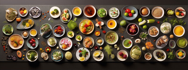 An overhead view of a variety of food dishes and ingredients arranged on a dark surface. - obrazy, fototapety, plakaty