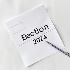 A piece of paper with the word Election 2024 written in black ink and a blue pen resting beside it.