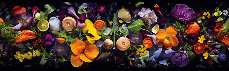 Still life of colorful flowers, fruits, and vegetables on a black background. - obrazy, fototapety, plakaty
