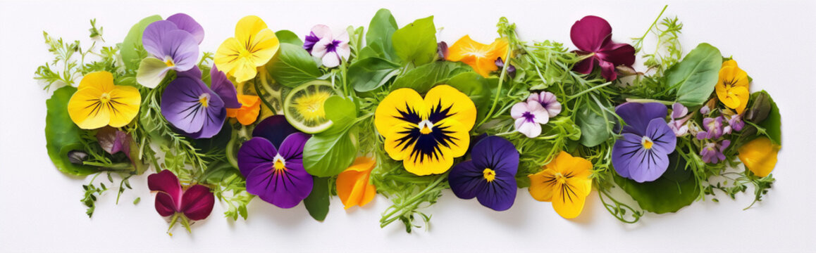 Fresh salad leaves and edible flowers. Food photography.