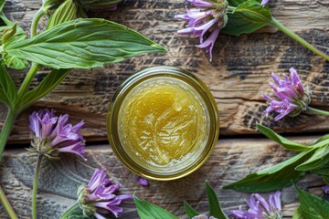 A jar of homemade Comfrey (Symphytum officinale) ointment, surrounded by fresh Comfrey leaves and flowers on a rustic wooden table. Homemade remedy, natural ingredient, therapeutic atmosphere, natural - obrazy, fototapety, plakaty