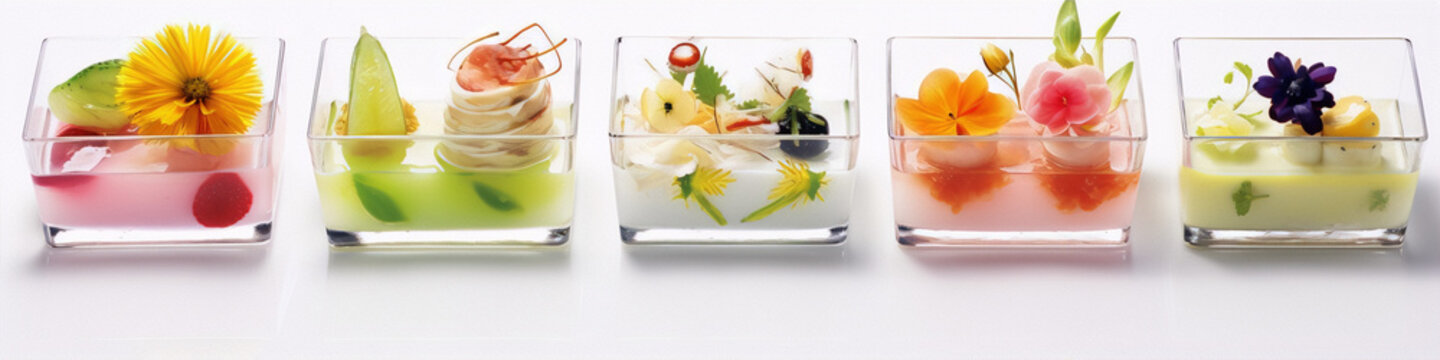 Naklejki Colorful and creative food art with edible flowers and fruit in glass containers on a white background.