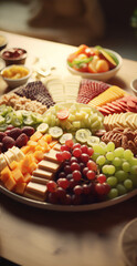 Fototapeta na wymiar Close-up of a delicious and healthy food platter with fresh fruits, vegetables, and cheese arranged in a visually appealing way.