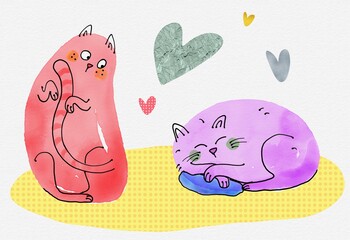 Cute cartoon illustration of two adorable cats. Romantic postcard. Valentine’s greeting card. Love, hearts. Funny characters. Red and purple cats. Yellow carpet. Watercolor grainy paper background. 