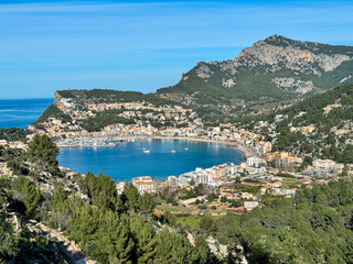 Naklejka na ściany i meble An aerial view of Port de Soller from mountains