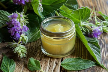 Obraz na płótnie Canvas A jar of homemade Comfrey (Symphytum officinale) ointment, surrounded by fresh Comfrey leaves and flowers on a rustic wooden table. Ingredients like beeswax and essential oils.