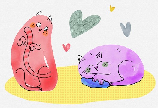 Cute cartoon illustration of two adorable cats. Romantic postcard. Valentine&rsquo;s greeting card. Love, hearts. Funny characters. Red and purple cats. Yellow carpet. Watercolor grainy paper background. 