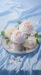 Obraz na płótnie Canvas White and pink roses and cupcakes on a silver plate with a blue background