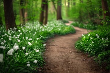 Path winding through a spring forest, lined with flourishing spring snowflake on either side. Surrounded by the beauty of spring and the promise of renewal. - obrazy, fototapety, plakaty