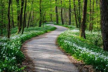 Fototapeta na wymiar Path winding through a spring forest, lined with flourishing spring snowflake on either side. Surrounded by the beauty of spring and the promise of renewal.