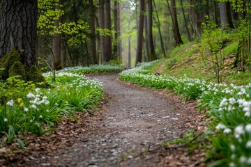 Path winding through a spring forest, lined with flourishing spring snowflake on either side. Surrounded by the beauty of spring and the promise of renewal.