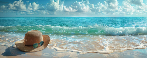 A peaceful beach scene, featuring a sun hat, sunglasses