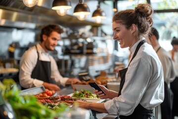Waitress checking orders on smartphone in restaurant kitchen.