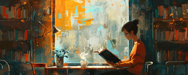A student reads in a cafe
