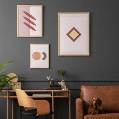 Cozy living room interior with mock up poster frame, brown sofa, wooden desk, modern armchair,...