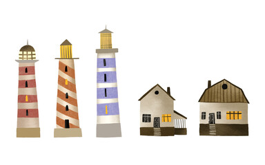 Marine set with lighthouses and houses. Children's hand drawn illustration on isolated background