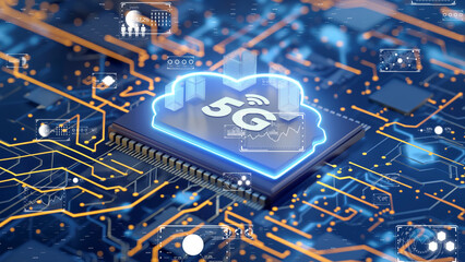 Artificial intelligence cloud computing visualization. 5G technology concept.