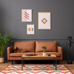 Modern living room interior with mock up poster frame, brown sofa, wooden coffee table, patterned rug,  round clock, plants, beige ccurtain, desk and personal accessories. Home decor. Template. - obrazy, fototapety, plakaty