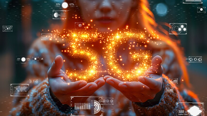 Innovative wireless technology concept with a sparkling 5G sign and digital interface elements floating around.