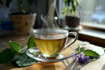 
A steaming cup of Comfrey (Symphytum officinale) tea on a cozy kitchen table, with the plant's leaves and flowers arranged nearby. The warm, inviting atmosphere highlights. - obrazy, fototapety, plakaty