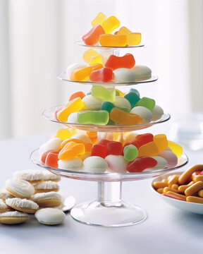 Close-up image of a 3-tiered glass plate stand with colorful hard candies and white coconut candies on a white table.