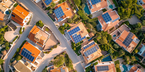 Sustainable Living - Aerial View of Solar Panel Rooftops - obrazy, fototapety, plakaty