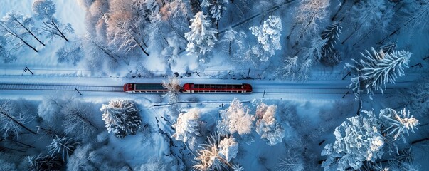 Aerial view of Bernina Express train in winter, Filisur, Switzerland