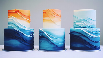 Three ombre buttercream wedding cakes with a wave pattern in blue and orange colors.