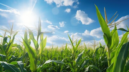 A bright green cornfield illuminated by the bright sun. - obrazy, fototapety, plakaty