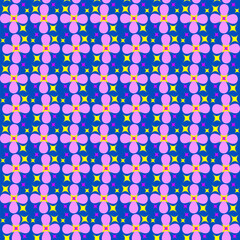 Seamless vector pattern, children's style ornament with flowers and stars in trendy colors.