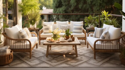 Use outdoor rugs to define seating areas and add warmth.