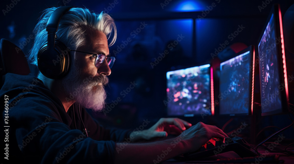 Poster side view of a gray-haired middle-aged man, streamer, gamer playing video games on a computer in a g